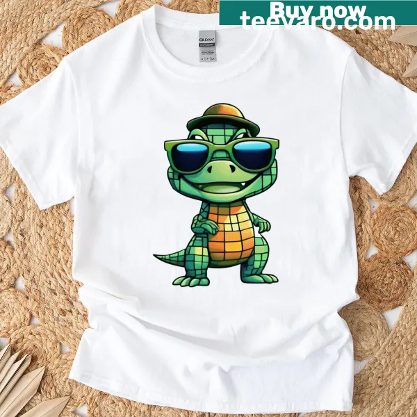 Geometric mosaic design T-shirt featuring an alligator