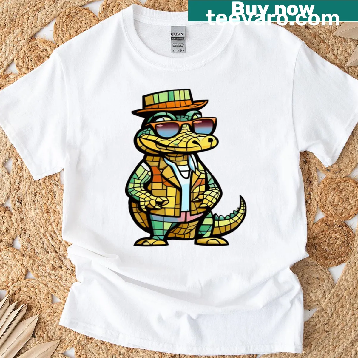 Stylish geometric mosaic caiman illustration on a T-shirt — on a men's t-shirt