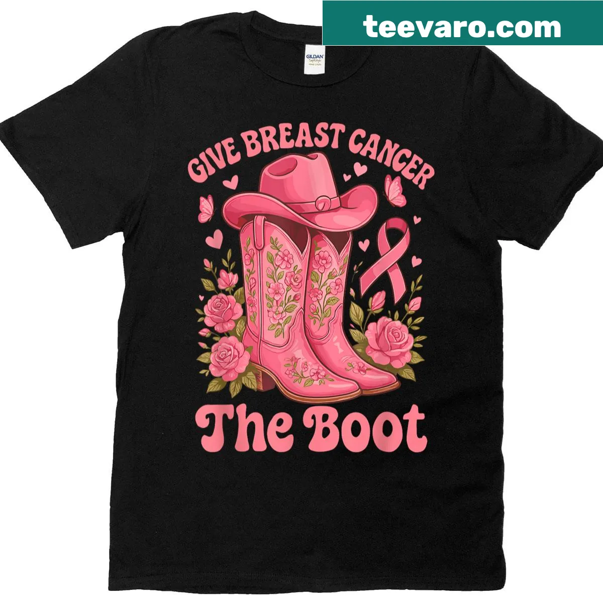 Cowgirl design with breast cancer awareness ribbon on T-shirt — on a men's t-shirt