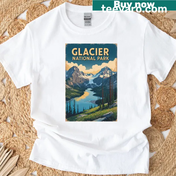 Illustrated t-shirt showcasing Glacier National Park's beautiful scenery