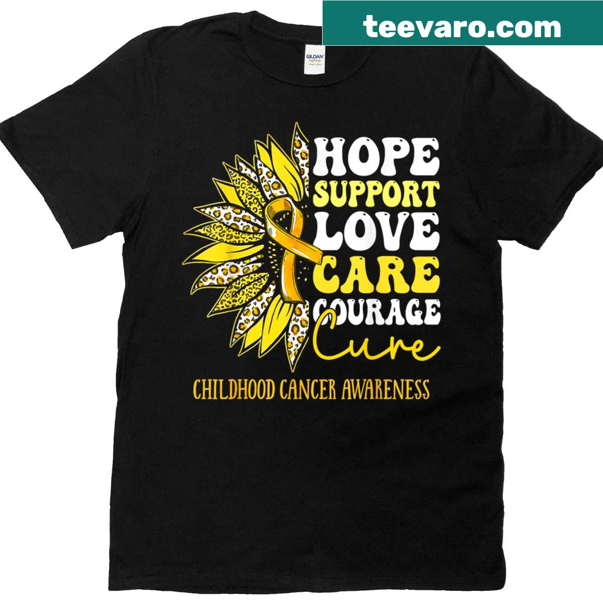 Gold ribbon sunflower design for childhood cancer awareness t-shirt — on a men's t-shirt