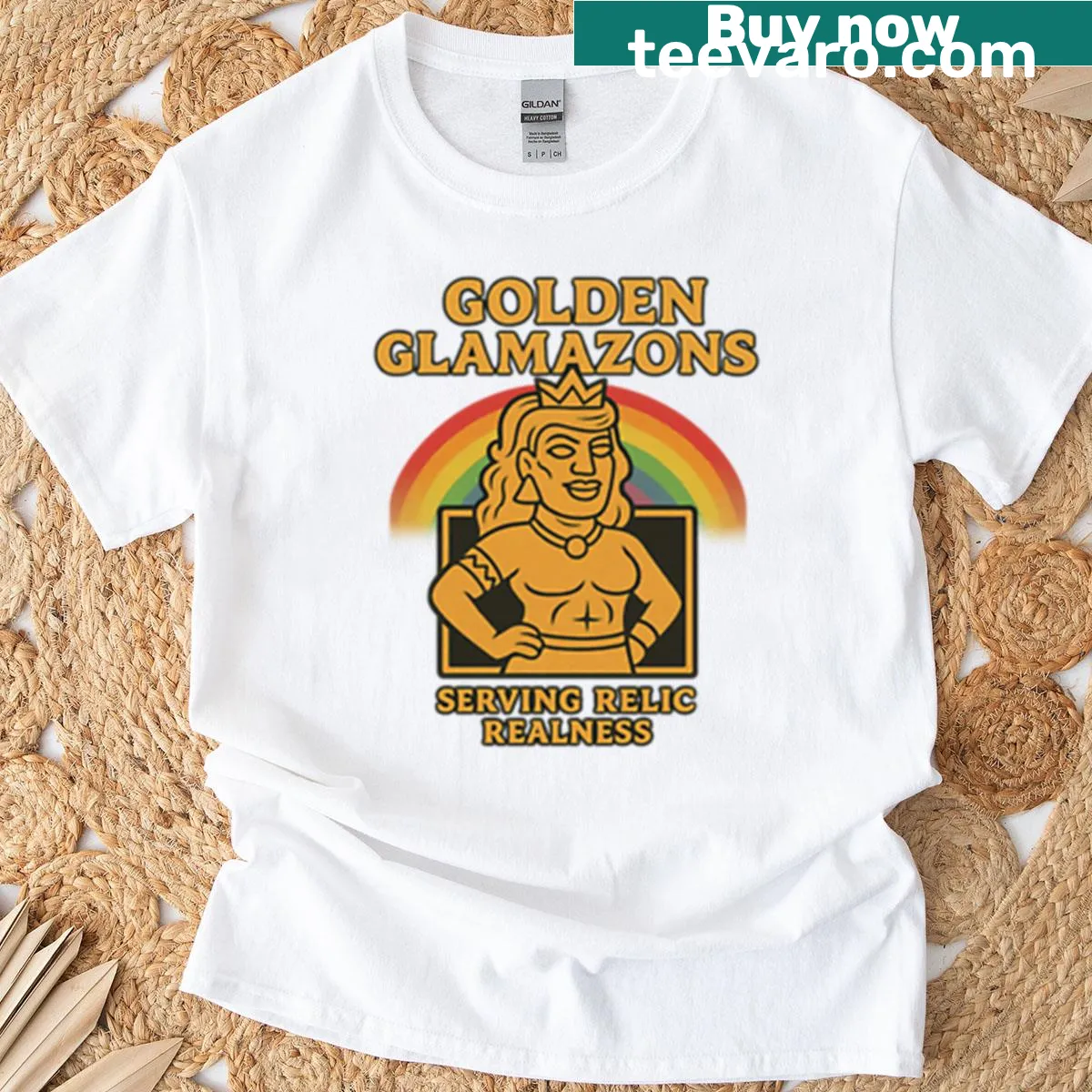 Bold typography shirt with the phrase Golden Glamazons Serving Relic Realness — on a men's t-shirt