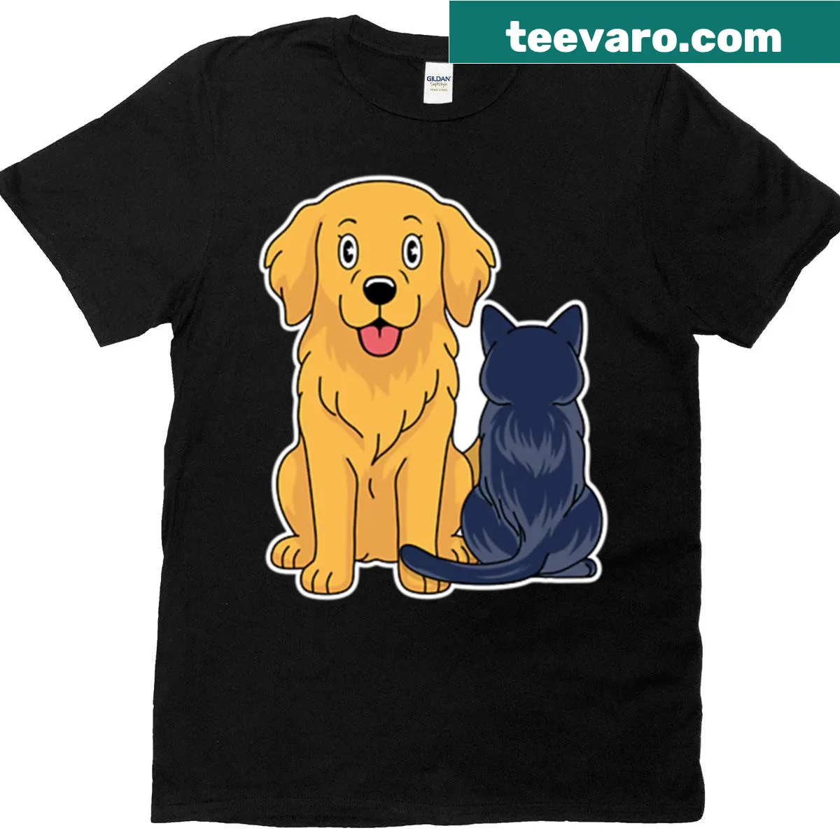 Couple T-shirt featuring a golden retriever and black cat illustration — on a men's t-shirt