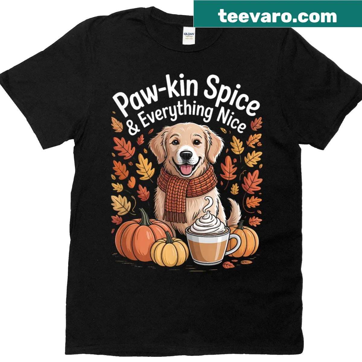 Golden Retriever enjoying a pumpkin spice latte design on T-shirt — on a men's t-shirt