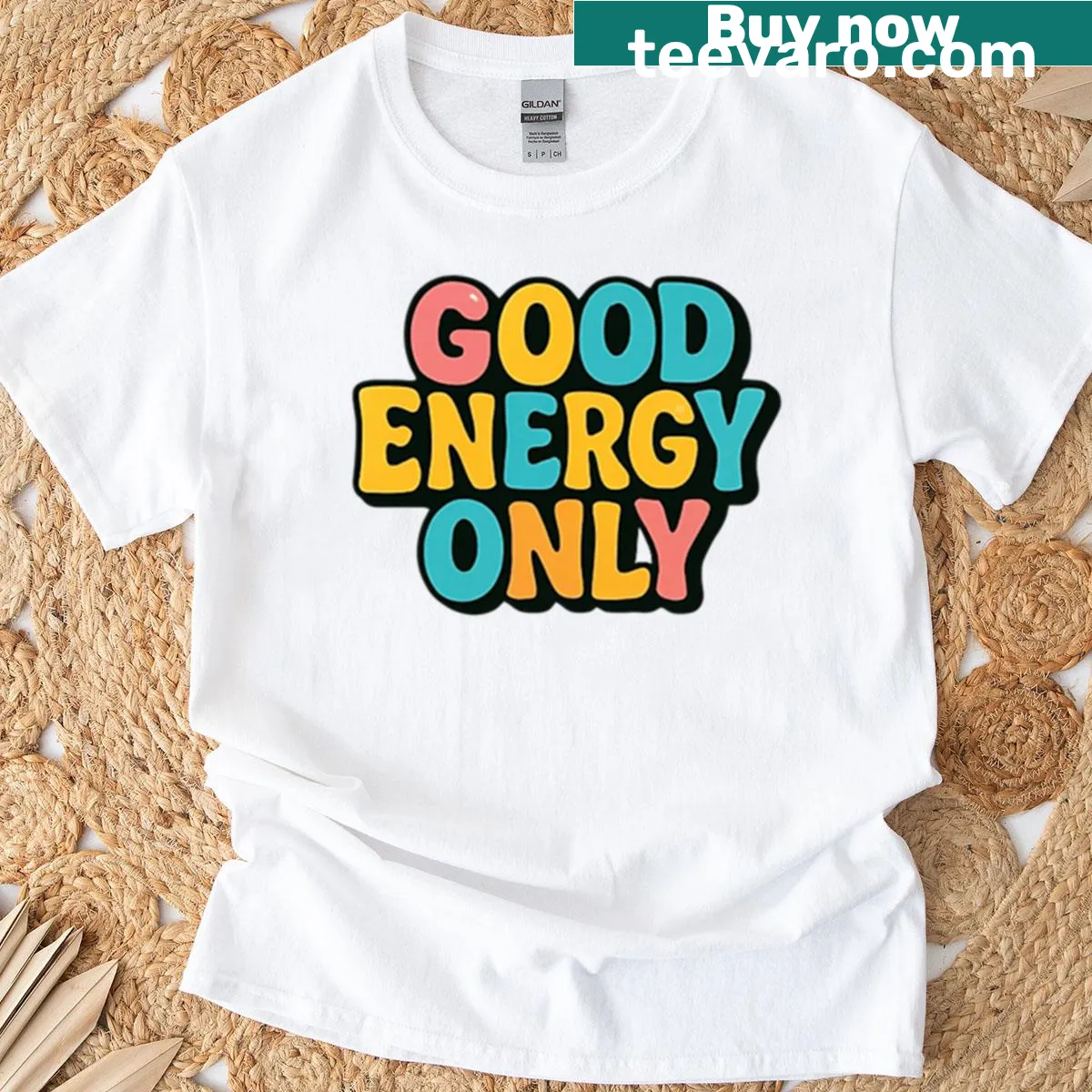 Good Energy Only typography design on a T-shirt — on a men's t-shirt