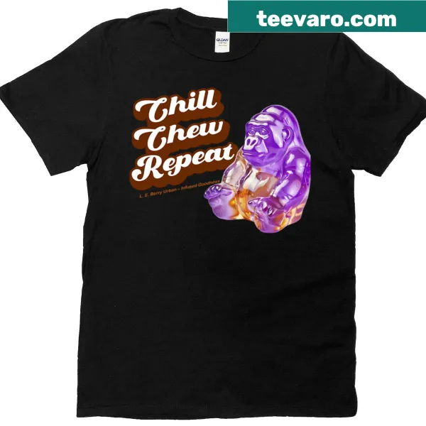 Gummy gorilla illustration with the phrase Chill Chew Repeat on t-shirt
