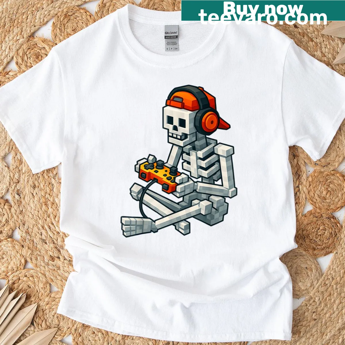 Halloween skeleton gamer t-shirt with pixelated design — on a men's t-shirt