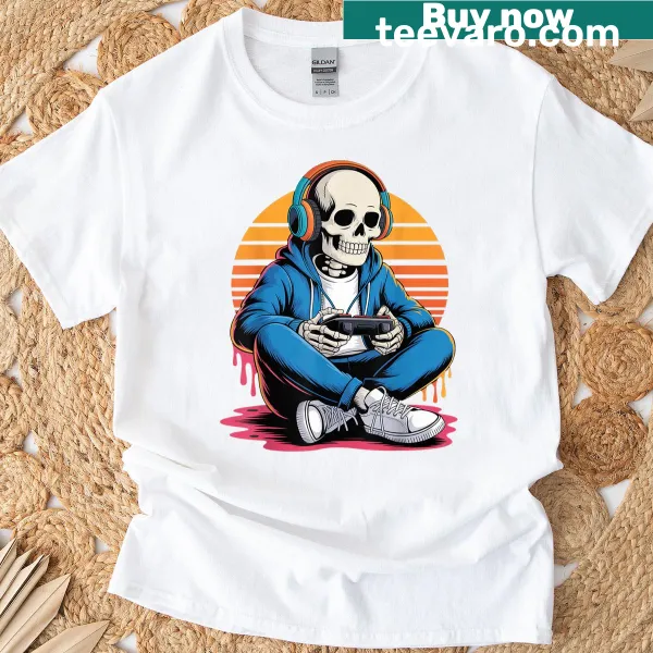 Cartoon skeleton gamer design on a Halloween-themed T-shirt
