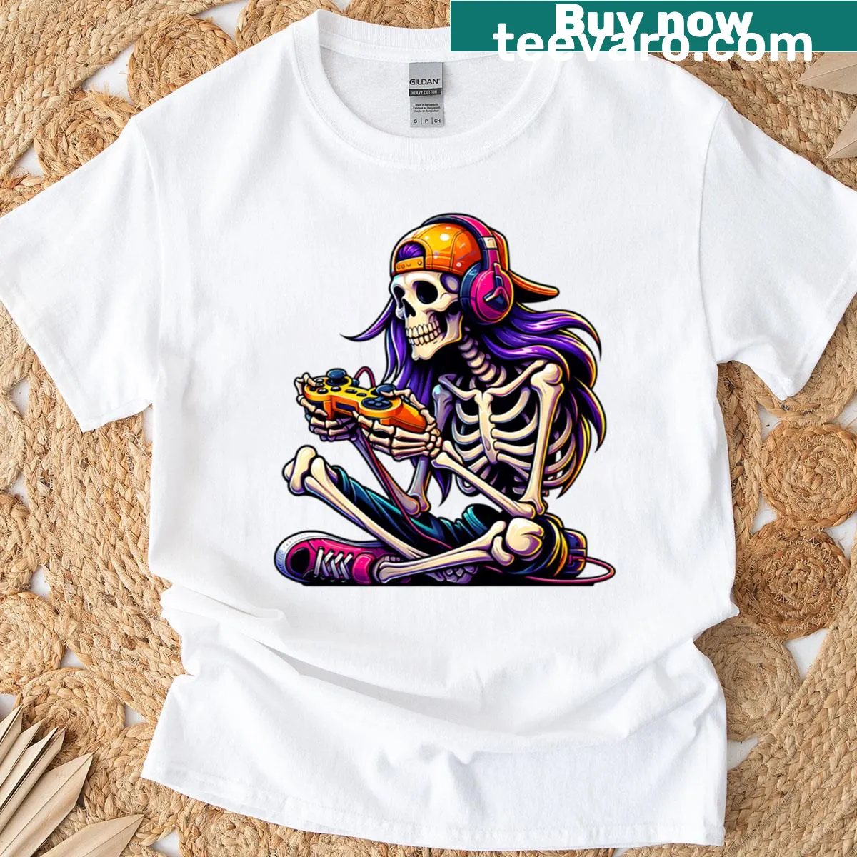Halloween T-shirt with a skeleton gamer illustration — on a men's t-shirt