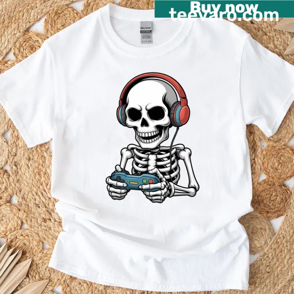 Cartoon skeleton gaming with headphones for Halloween.
