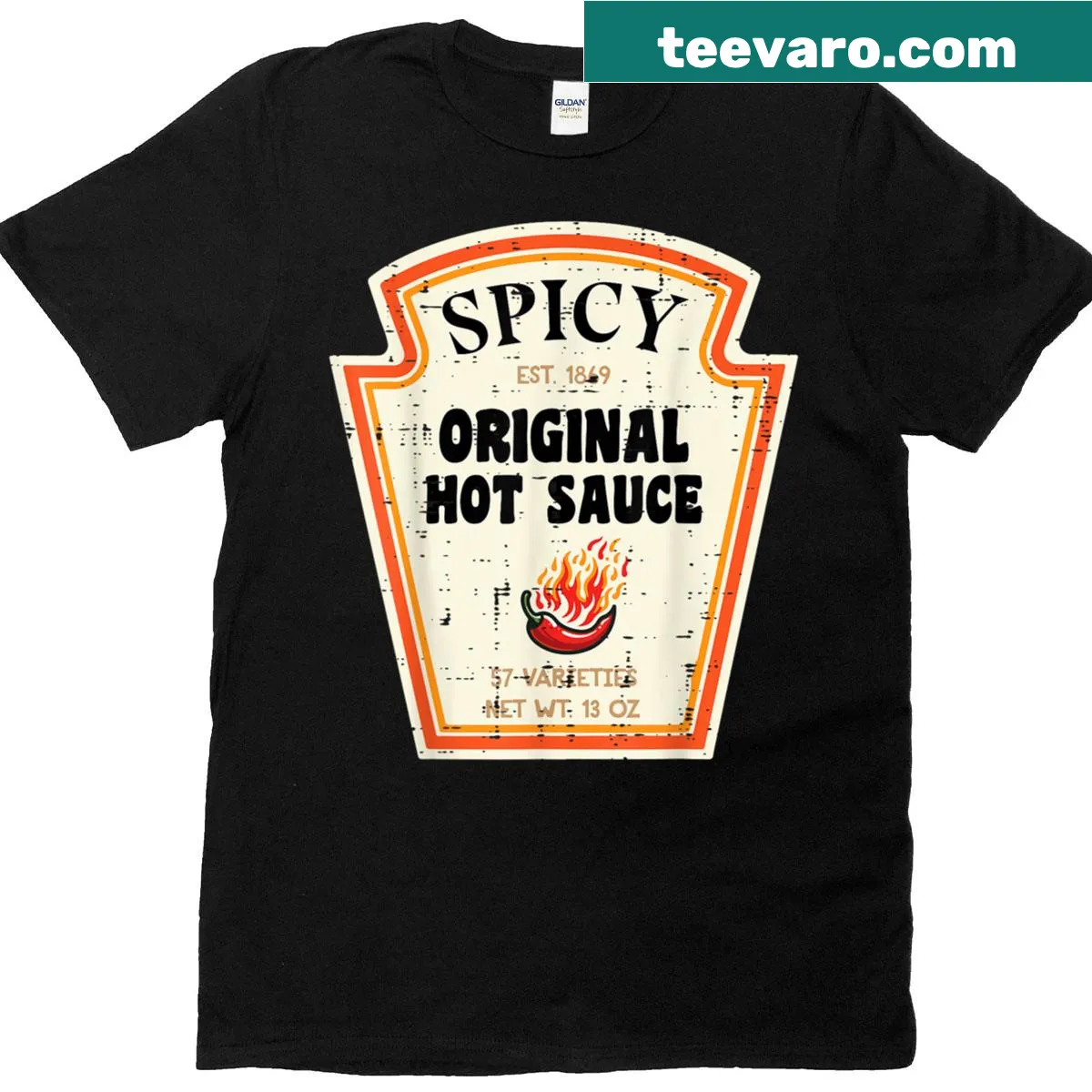 Funny Halloween T-shirt with a hot sauce bottle graphic — on a men's t-shirt
