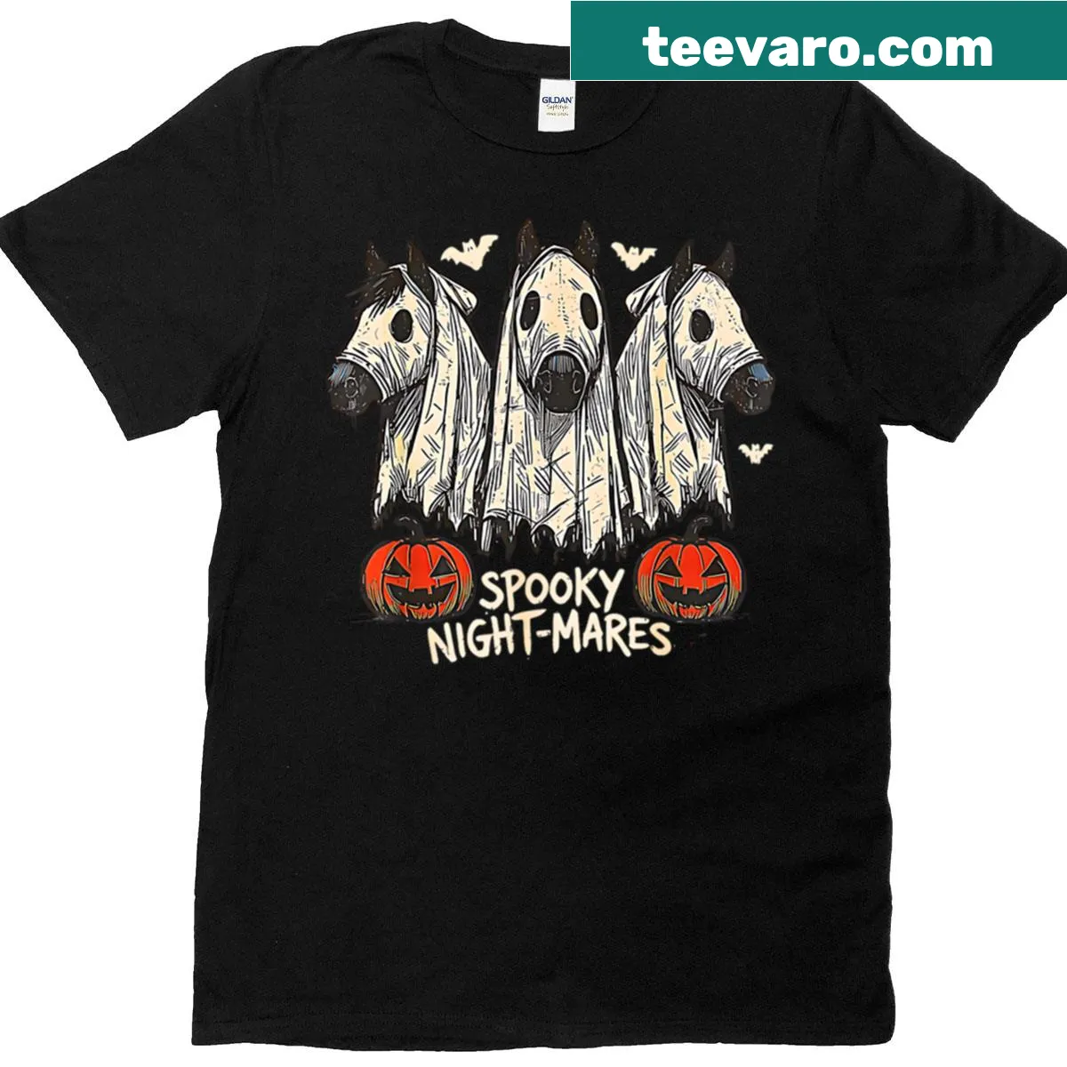 Cartoon Halloween T-shirt featuring spooky night-mares horses — on a men's t-shirt