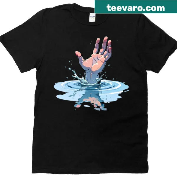 Surreal illustration of a hand emerging from water on a t-shirt