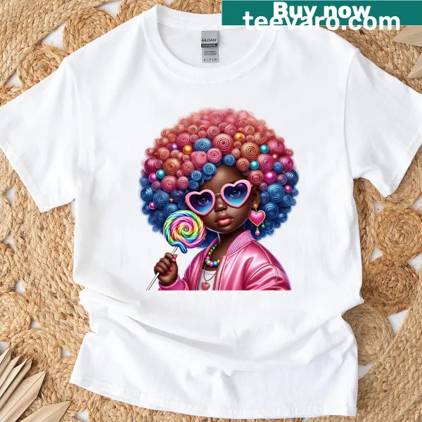 Cartoon style t-shirt featuring a happy Black girl with colorful puffs