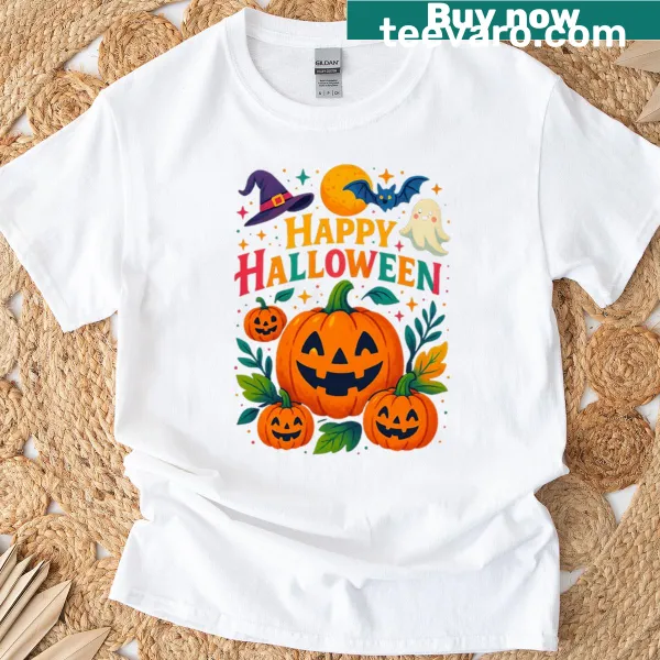 Cute Halloween design t-shirt with pumpkins, ghosts, and bats