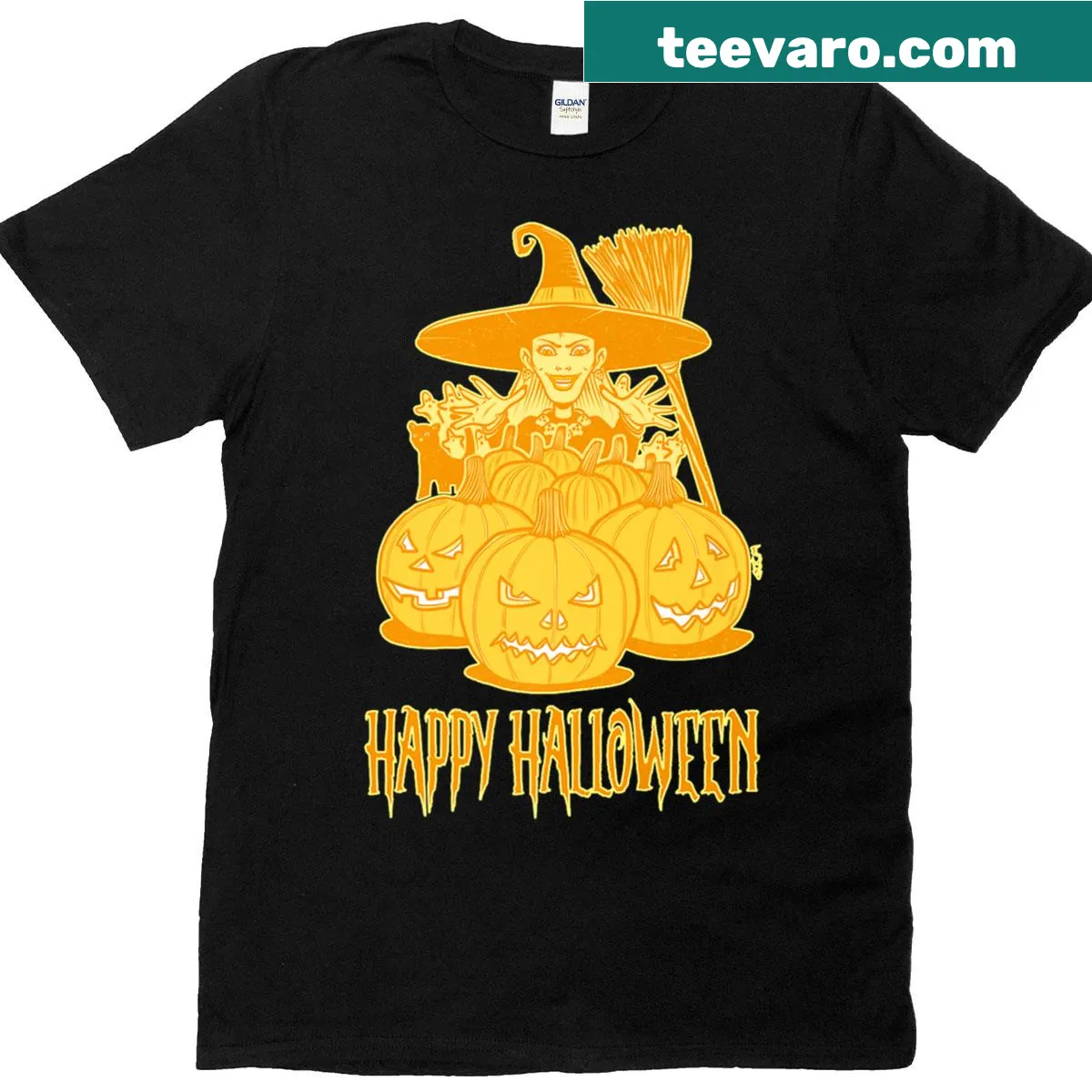 Whimsical Halloween T-shirt with witch and pumpkins — on a men's t-shirt