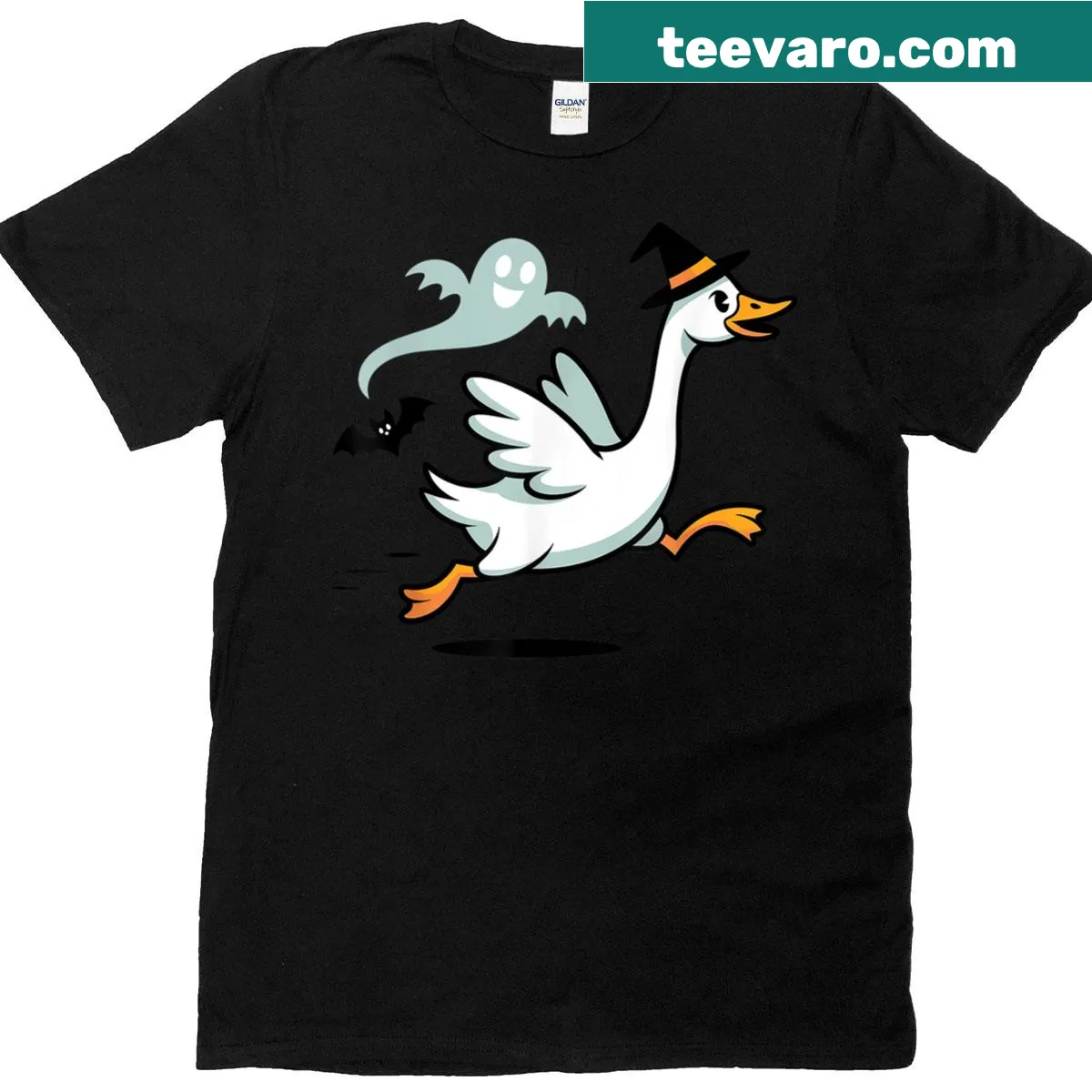Cartoon ghostly goose on a Halloween-themed T-shirt — on a men's t-shirt