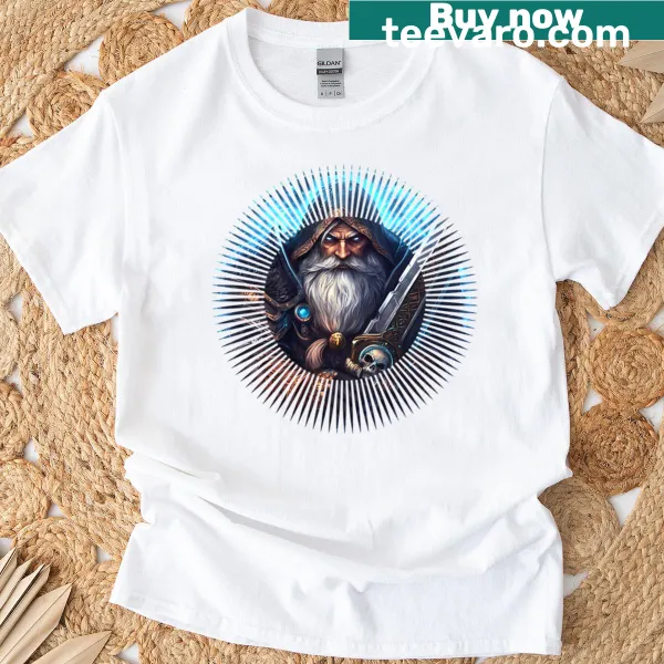 Illustration of a heroic warrior with a glowing sword on a t-shirt