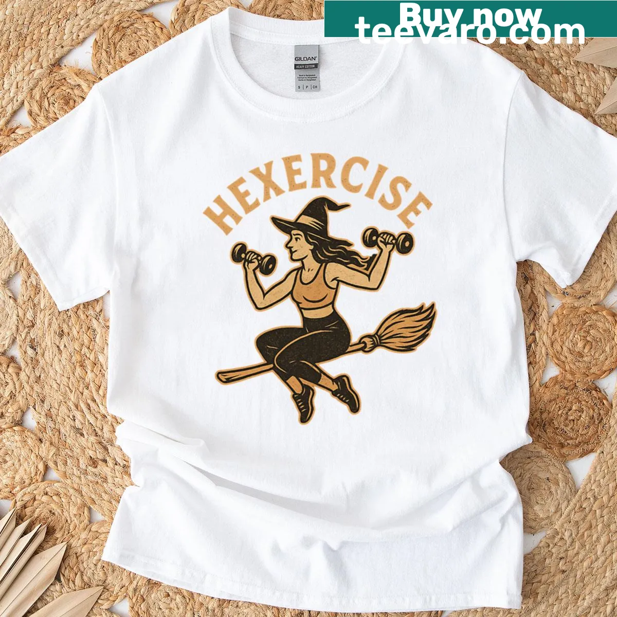 Vintage witch workout graphic on t-shirt — on a men's t-shirt