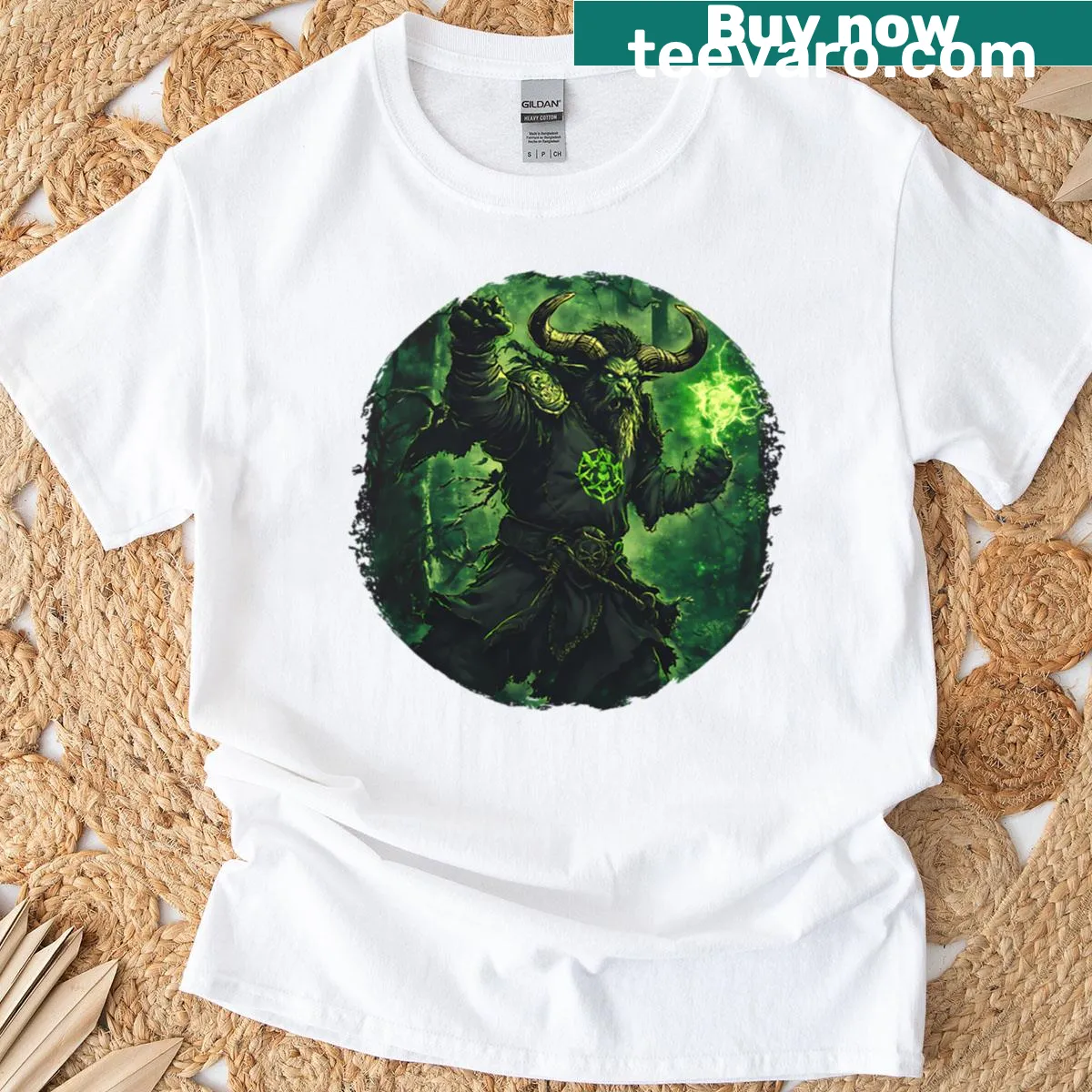Illustration of a horned mage with nature powers on a T-shirt — on a men's t-shirt