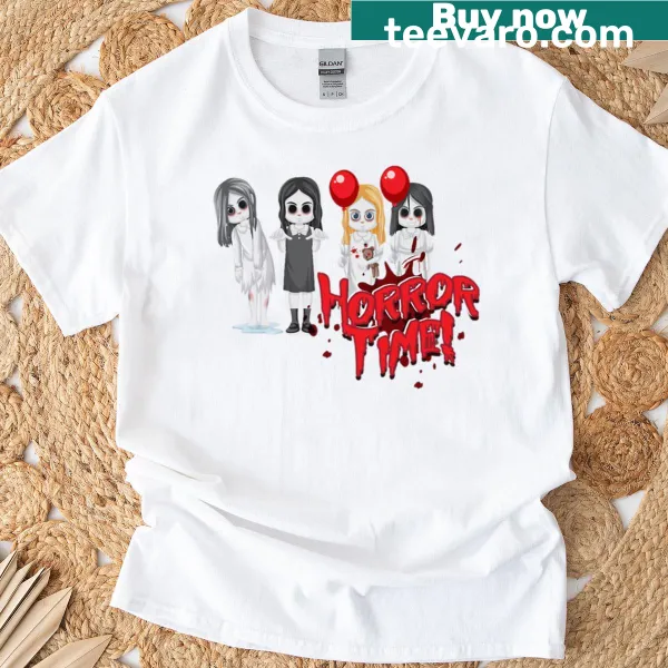 Cartoon version of iconic horror characters on a t-shirt