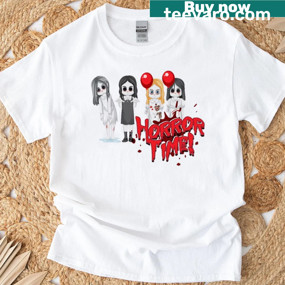Cartoon version of iconic horror characters on a t-shirt — on a men's t-shirt