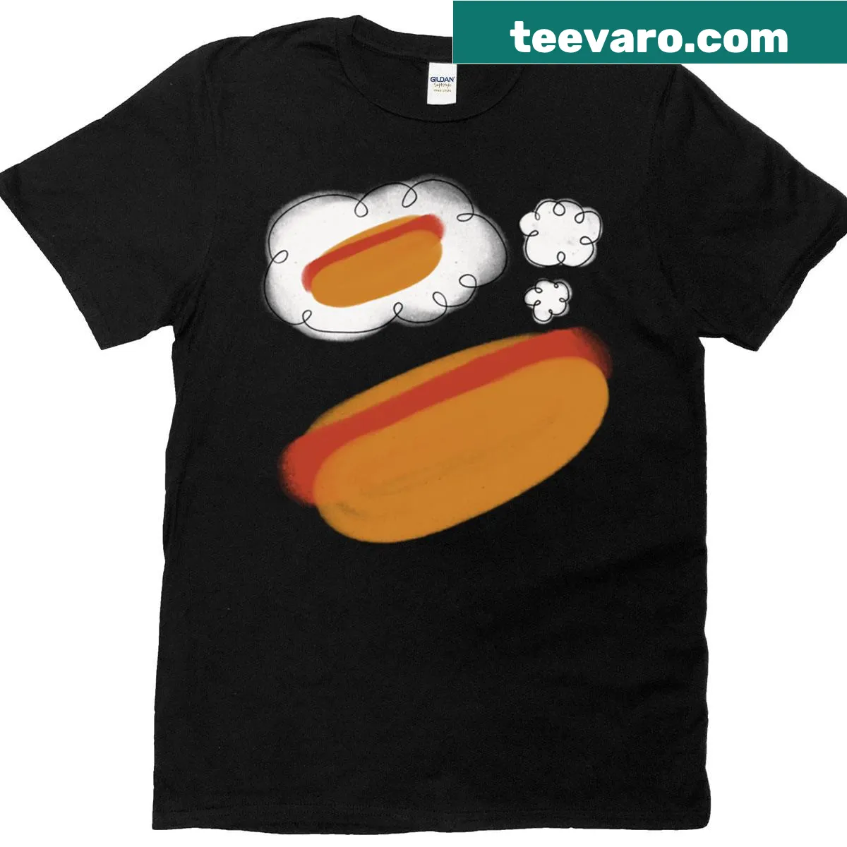 Playful illustration of a dreaming hotdog on a t-shirt — on a men's t-shirt