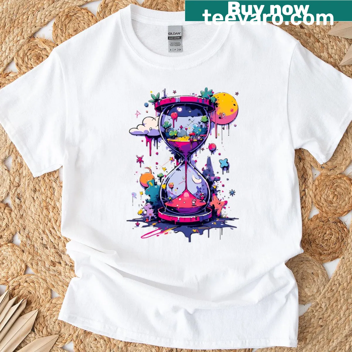 Fantasy illustration of an hourglass with a mini town design — on a men's t-shirt