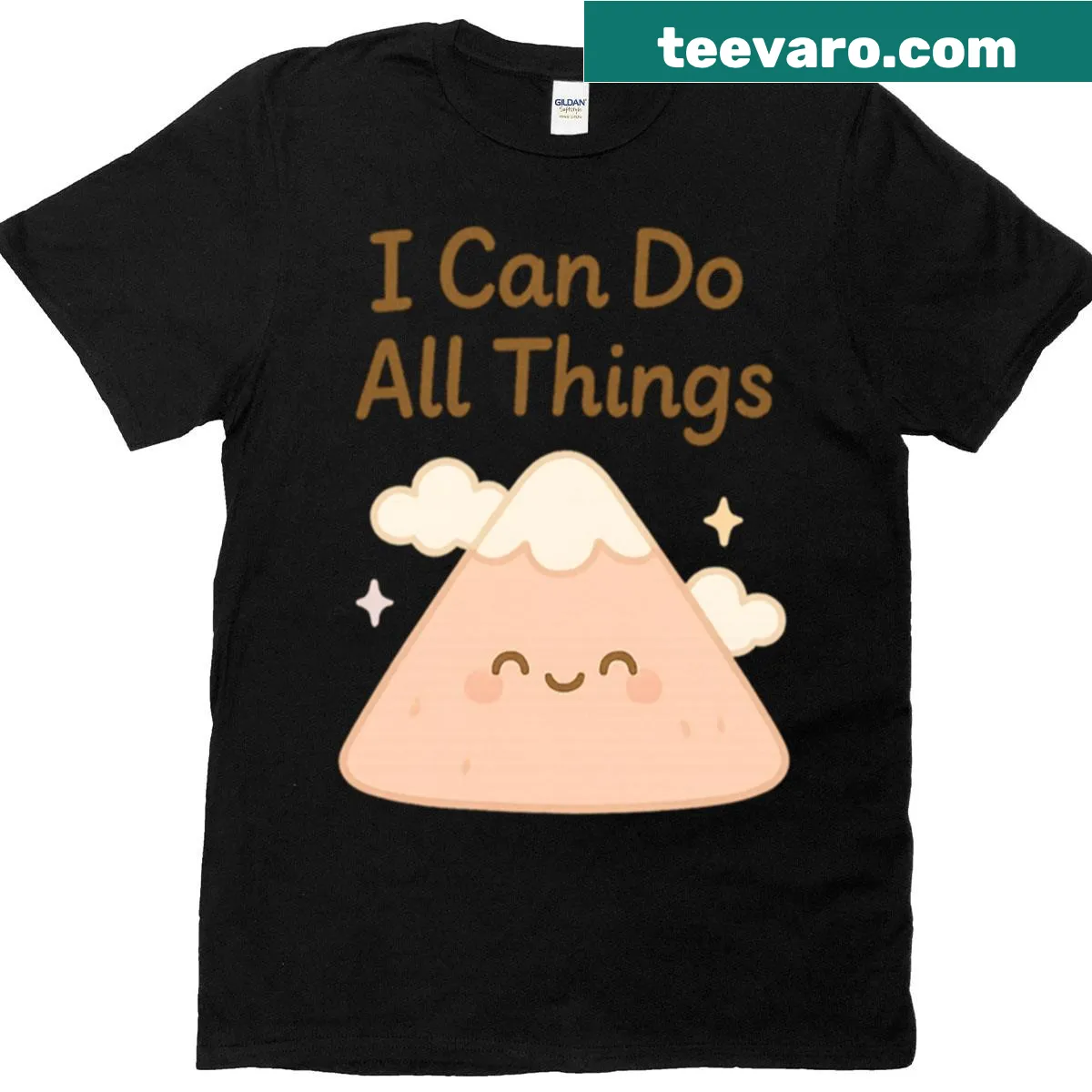 Kawaii illustrated mountain with inspirational text on a t-shirt — on a men's t-shirt