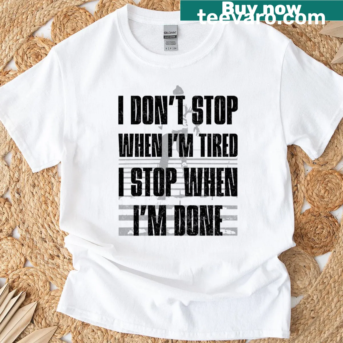 Motivational T-shirt with bold text about perseverance — on a men's t-shirt