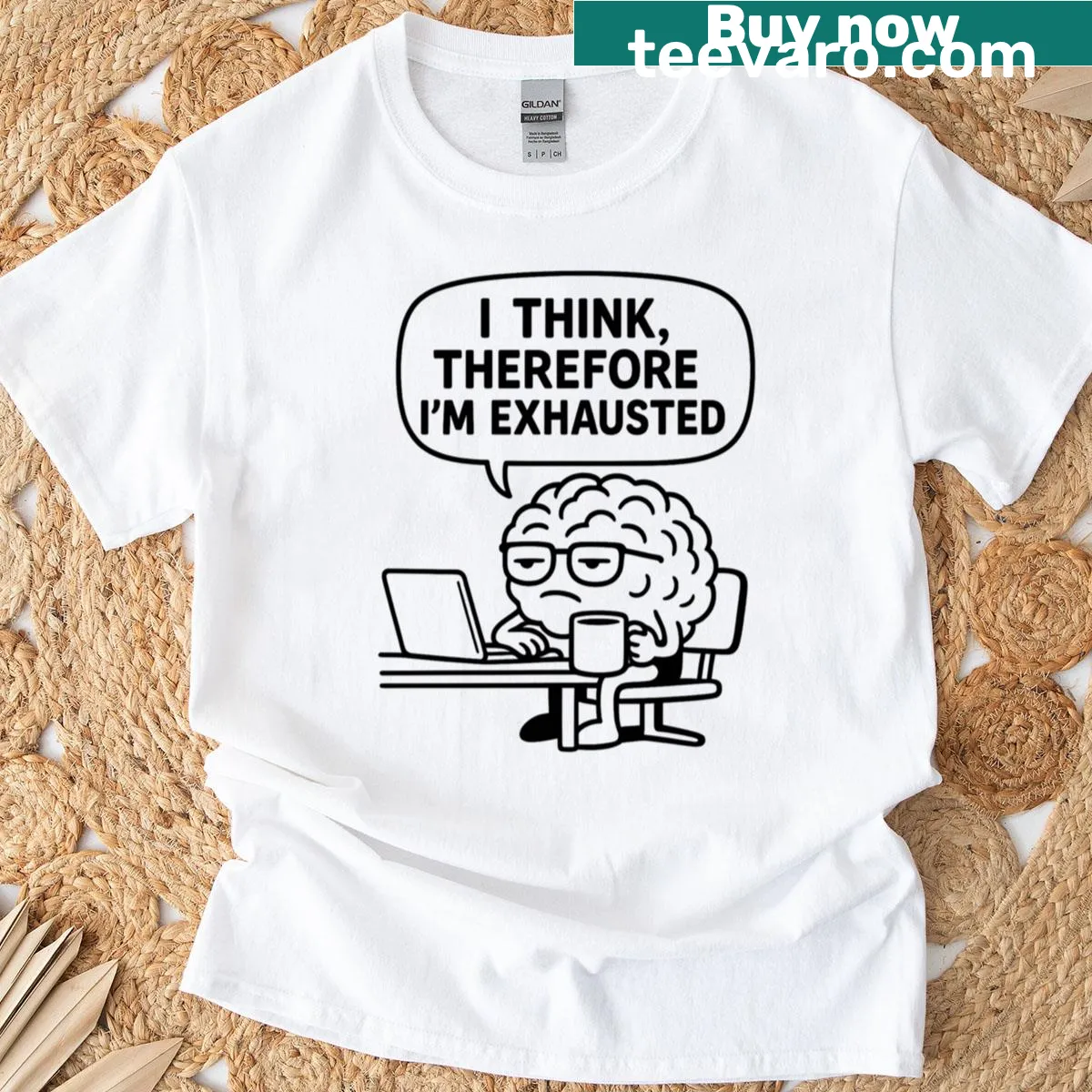 Funny tired brain meme t-shirt with text 'I Think Therefore I'm Exhausted' — on a men's t-shirt
