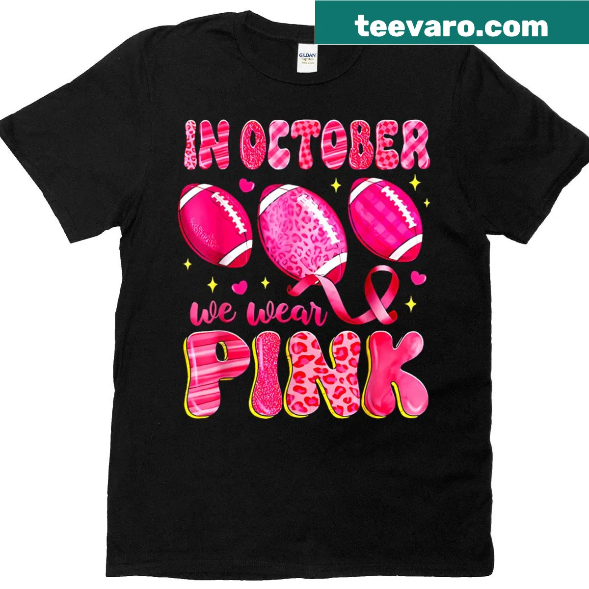 Football-themed breast cancer awareness graphic T-shirt — on a men's t-shirt