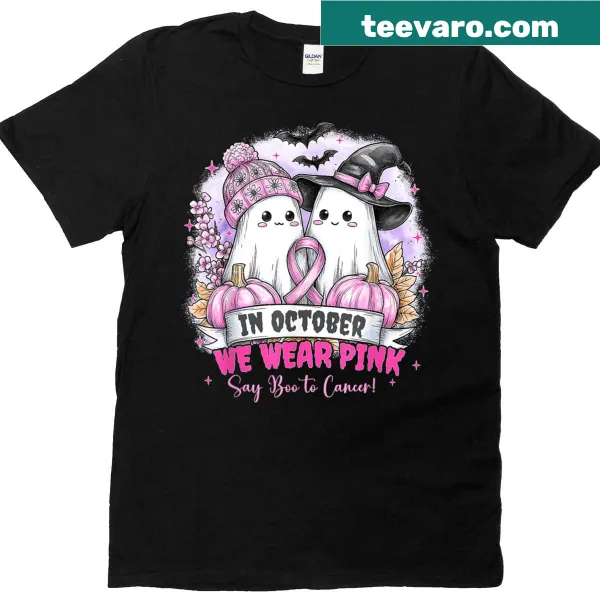 Ghost witch design promoting breast cancer awareness on a t-shirt