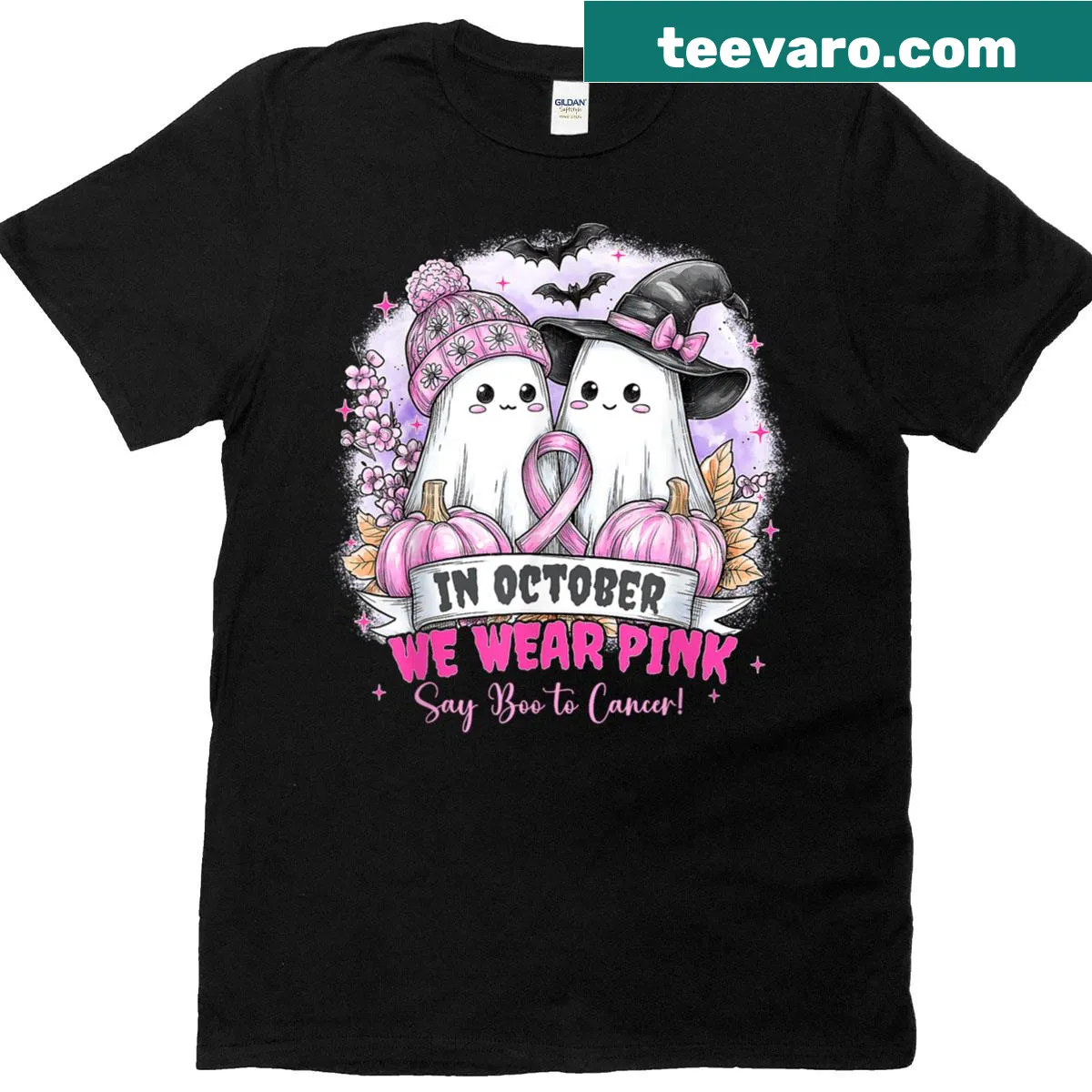 Ghost witch design promoting breast cancer awareness on a t-shirt — on a men's t-shirt
