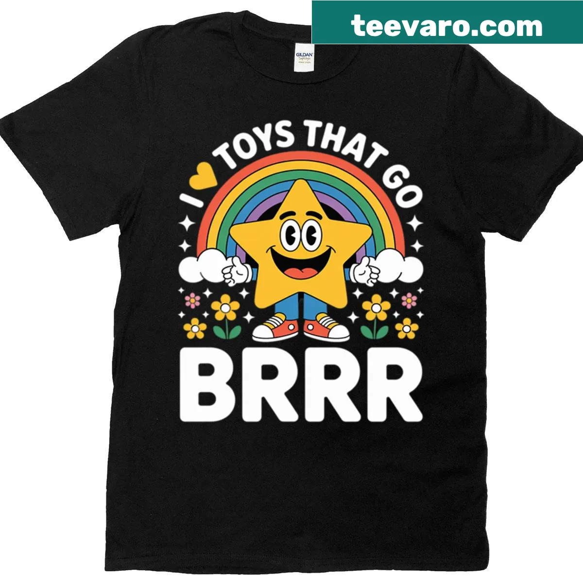 Adult humor t-shirt with 'I Love Toys That Go Brrr' text — on a men's t-shirt