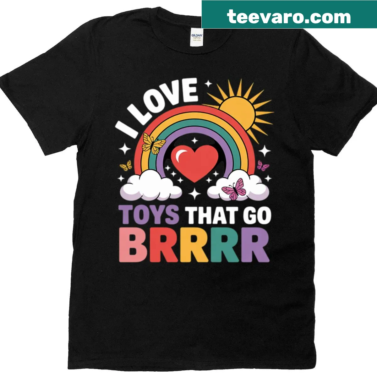 Playful I Love Toys That Go Brrr t-shirt with humorous text — on a men's t-shirt