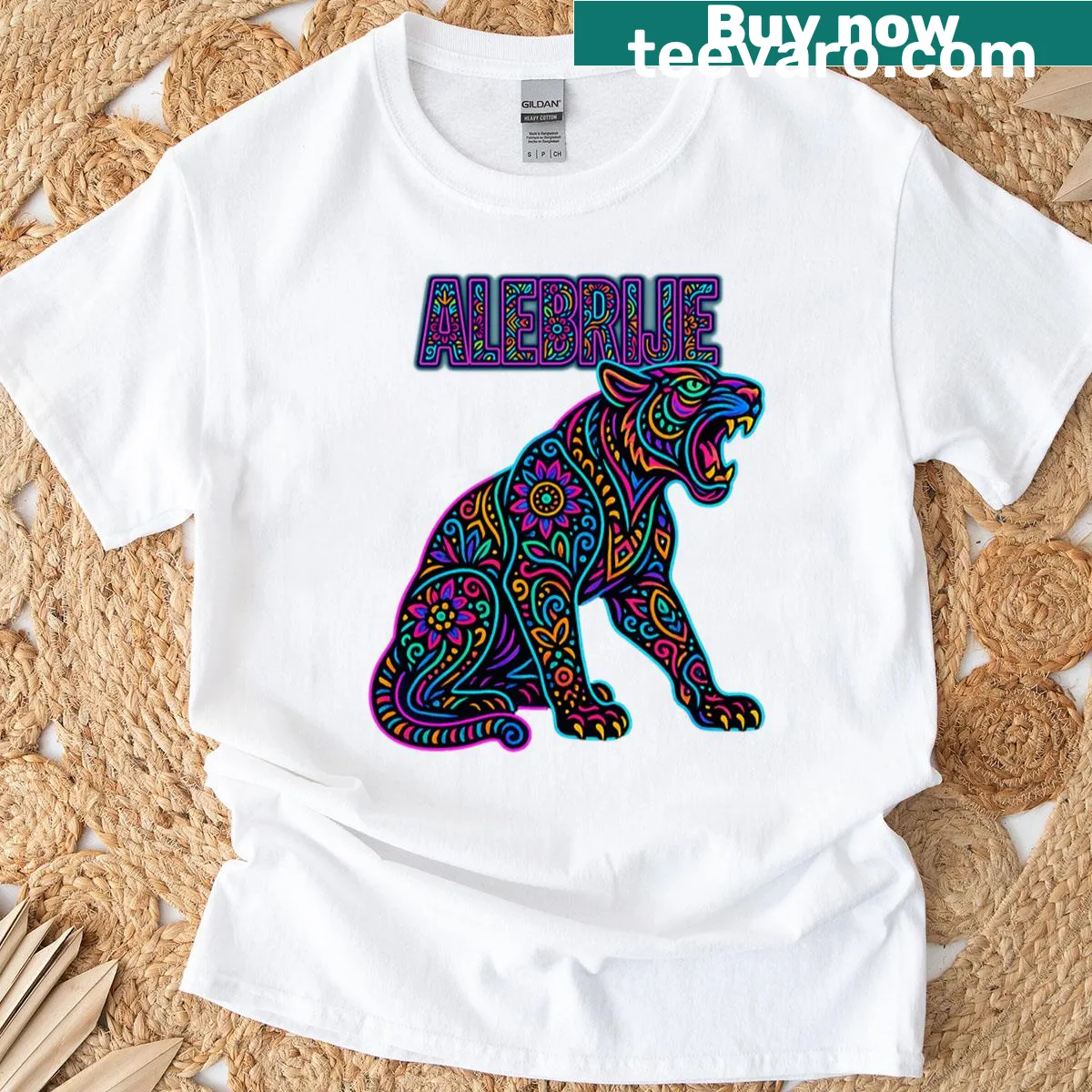 Jaguar alebrije illustration on T-shirt celebrating Mexican art — on a men's t-shirt