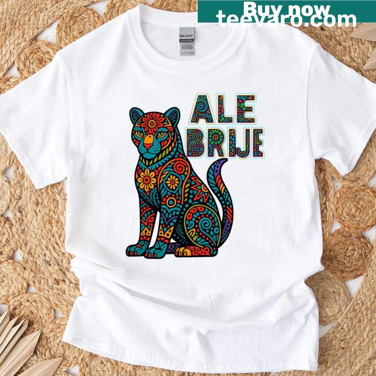 T-shirt featuring a colorful jaguar alebrije design — on a men's t-shirt