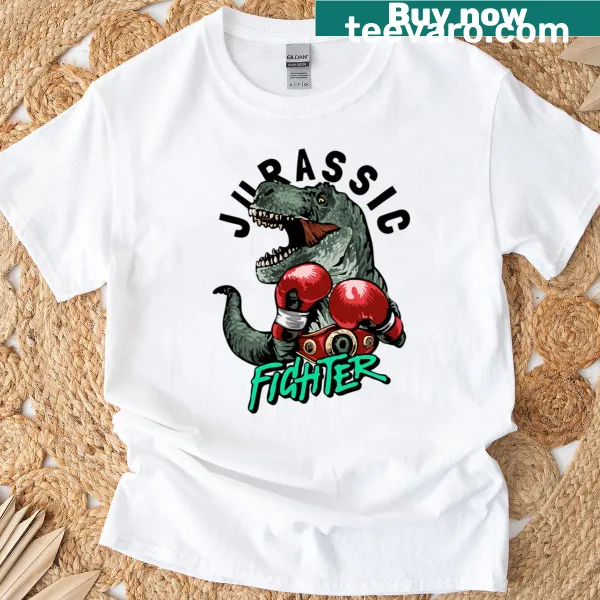 Dinosaur graphic T-shirt with a fighter theme