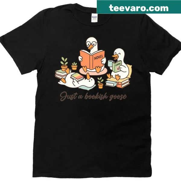 Cute t-shirt featuring a bookish goose graphic