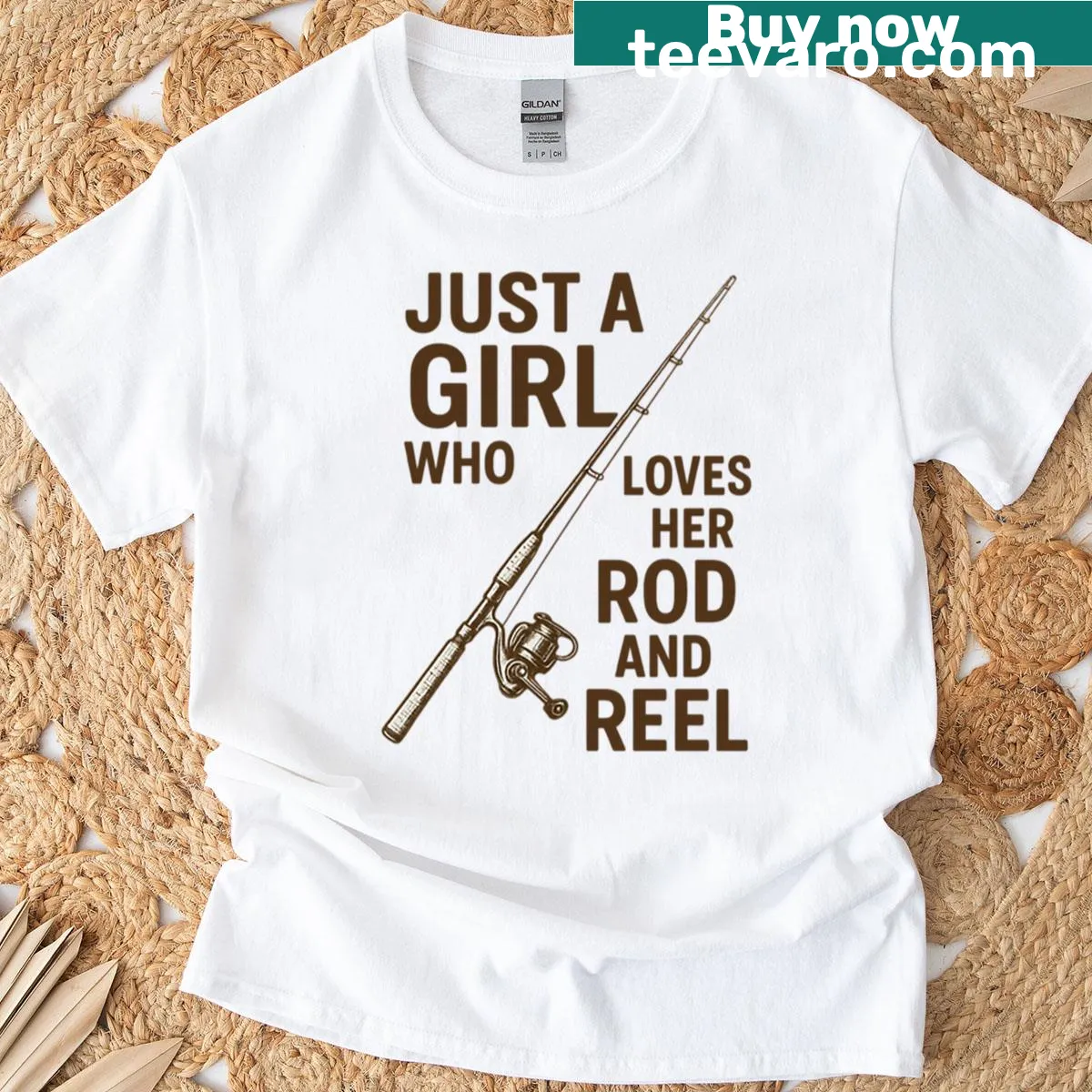 Womens fishing T-shirt featuring playful rod and reel graphic — on a men's t-shirt