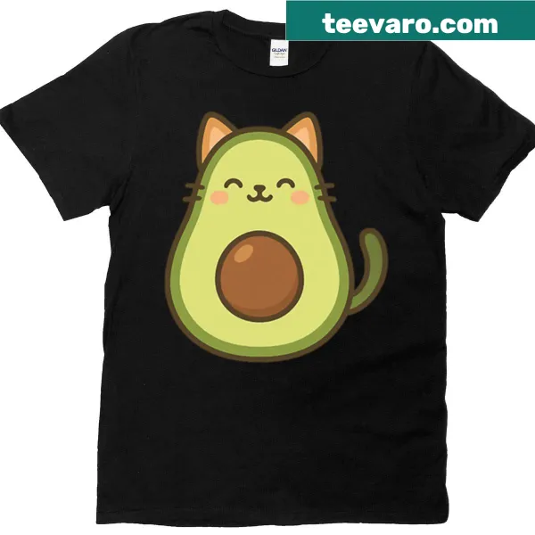 Cute t-shirt featuring a kawaii avocado cat mashup design