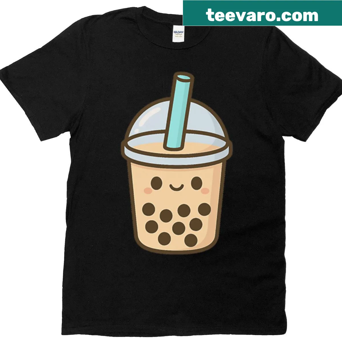 Cute T-shirt with smiling boba tea drink graphic — on a men's t-shirt
