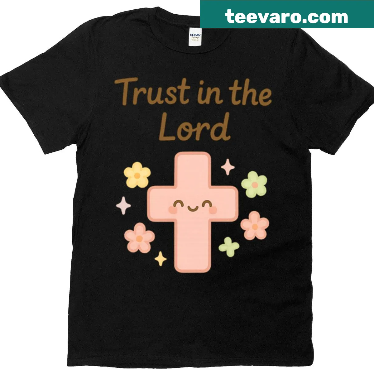 Kawaii-style graphic t-shirt featuring a cute cross design — on a men's t-shirt