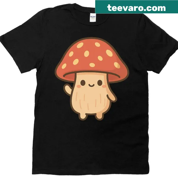 Cute T-shirt featuring a kawaii mushroom character
