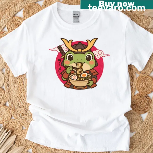 Cute kawaii samurai frog enjoying ramen on T-shirt
