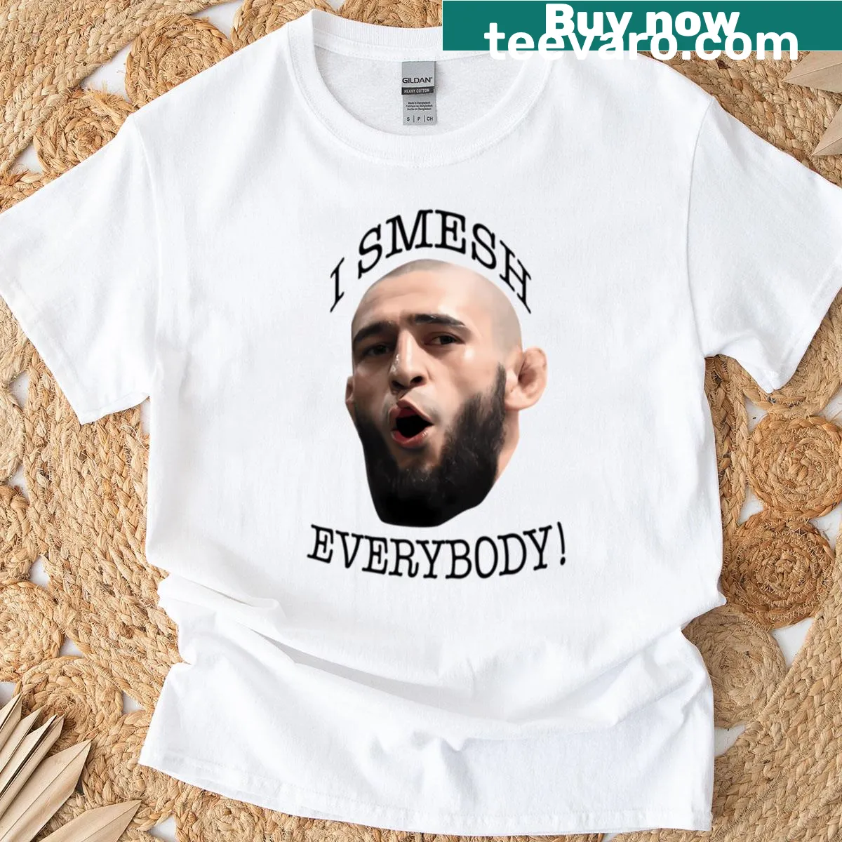 Fighter-themed T-shirt featuring Khamzat Chimaev graphic and phrase — on a men's t-shirt