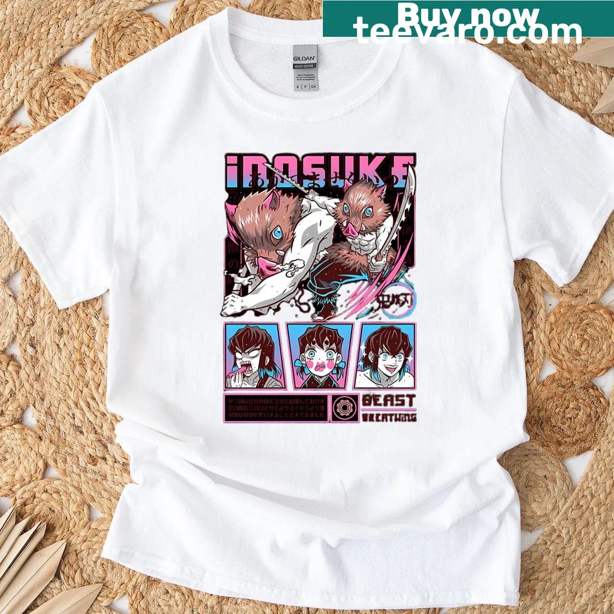 Illustration of Inosuke Hashibira on a T-shirt with 'King Of The Mountains' text — on a men's t-shirt