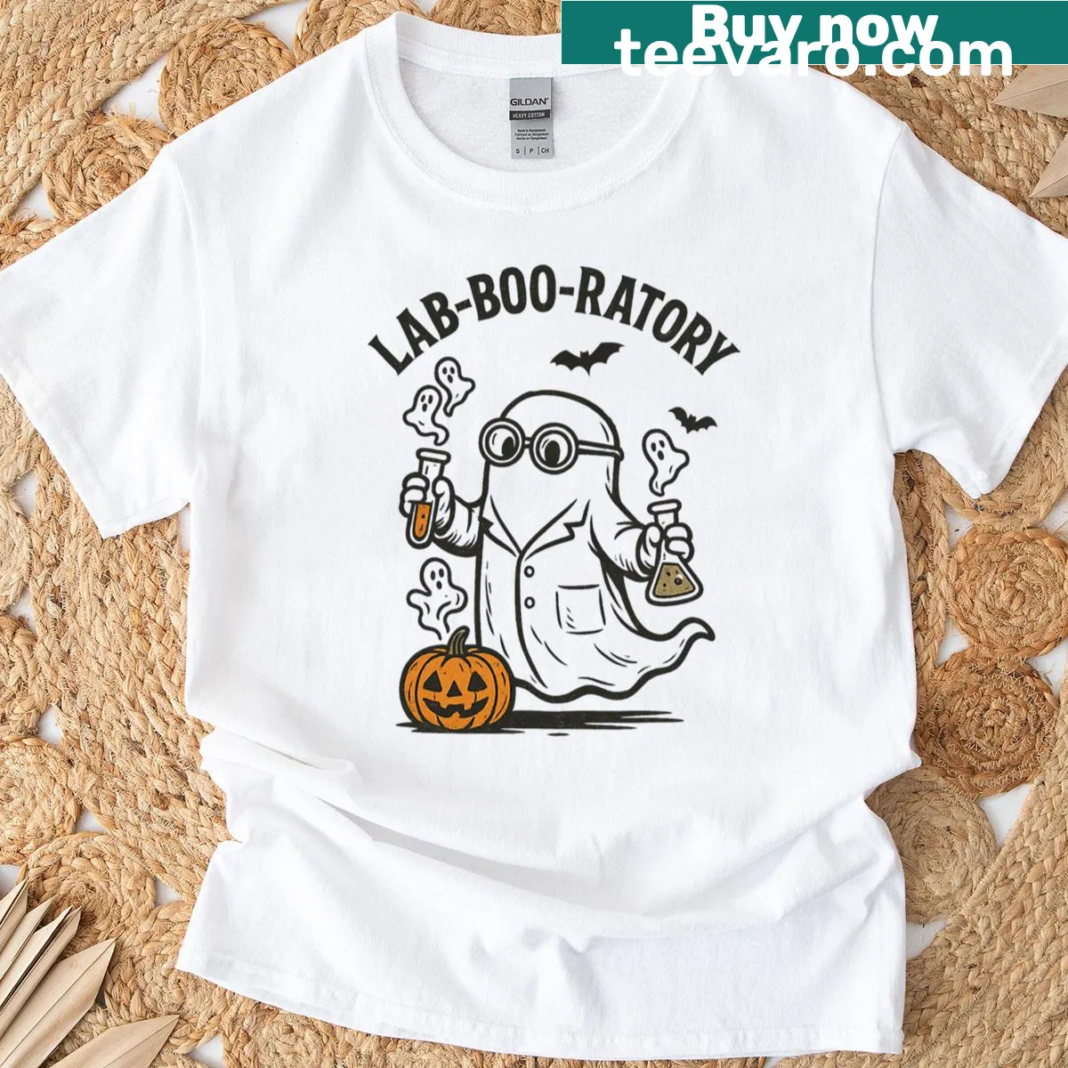 Cartoon ghost scientist in a lab setting T-shirt for Halloween — on a men's t-shirt