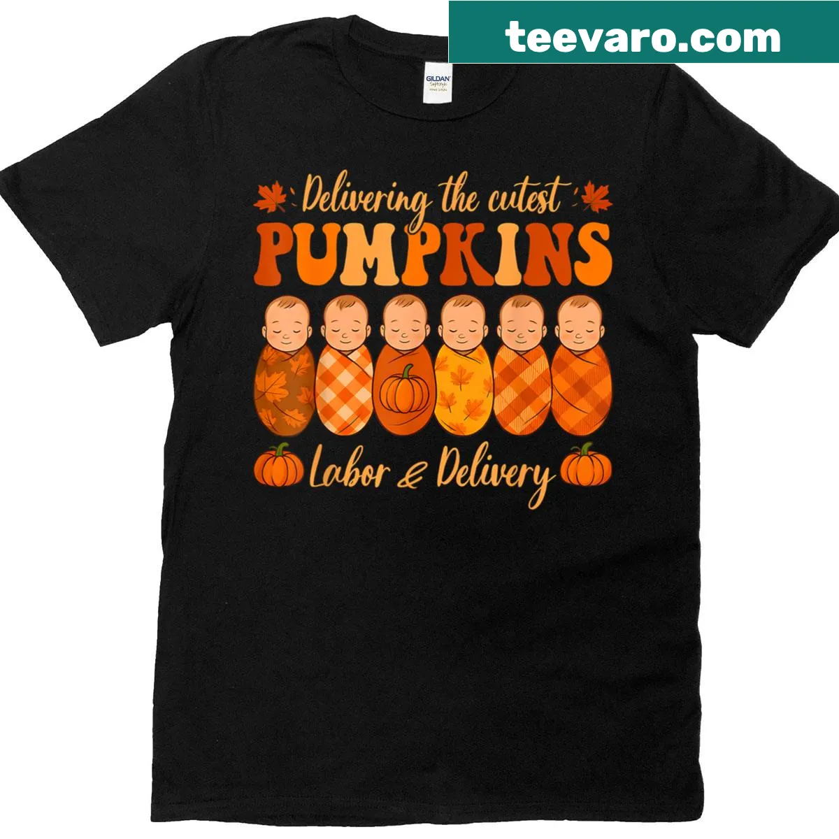 Illustrative T-shirt celebrating labor and delivery nurses with pumpkins — on a men's t-shirt